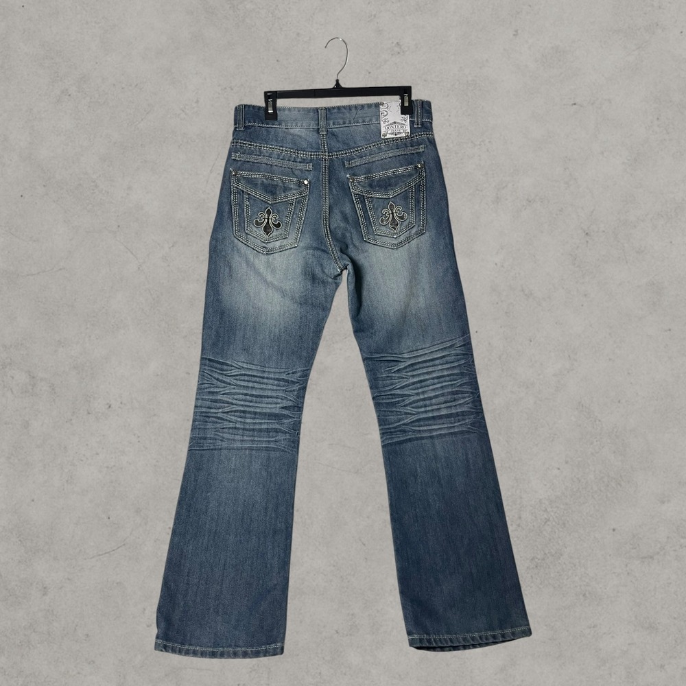 Montero Jeans Mens 33x32 Blue Denim Bootcut Fleur De Lis Embroidered y2k Jeans